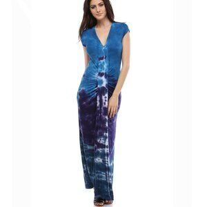 Blue Purple Tie Dye Maxi Dress Bodycon V Neck Stretch Dress Boho Summer Made USA